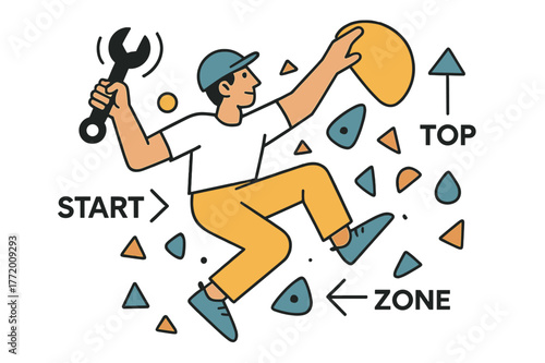 Route Setting Artistry. Route Setter at Work. A wrench spins as a setter places a bright sloper; arrows label ?Start / Zone / Top.? Holds float in a playful