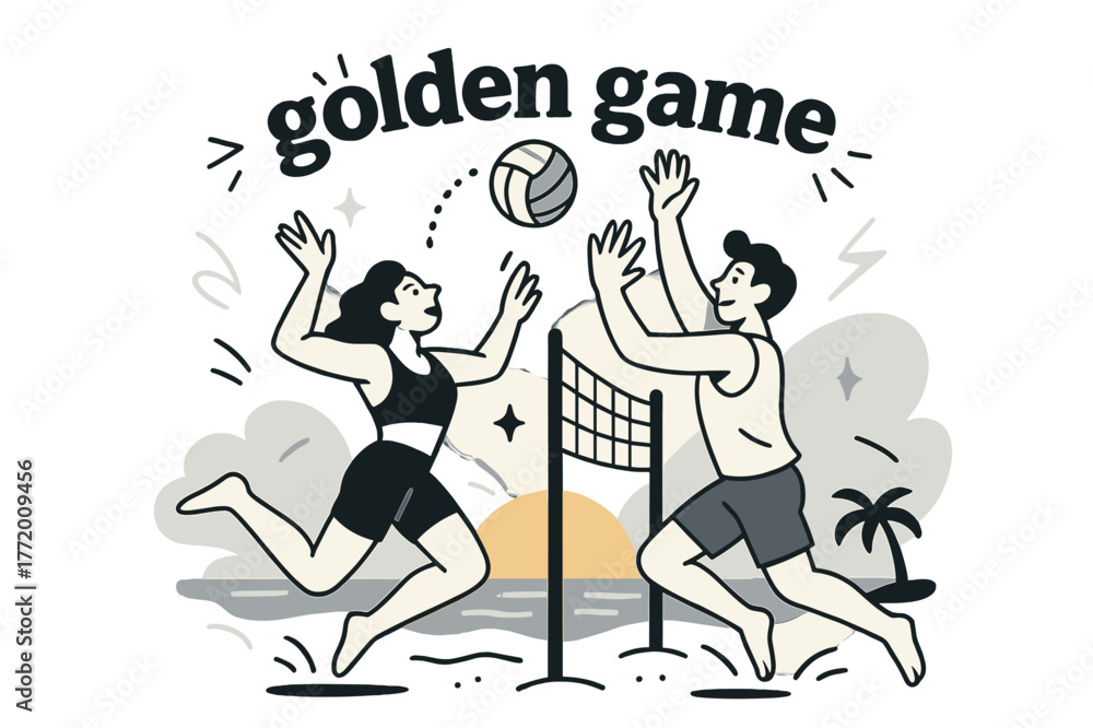 Obraz premium Sunset Volleyball Triumph. Beach Vacation ? Sunset Volleyball. Two figures leap for a clean hit; dotted arc tracks the ball. Banner reads ?golden game? with