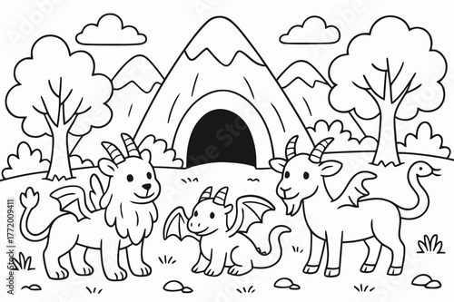 Chimeras' Cozy Mountain. Mythical habitats children?s coloring book illustration, outlined drawing, a soft mountain landscape with a cave and trees where