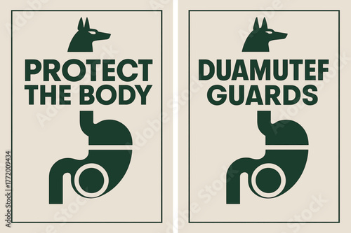 Protective Jackal Banners. Sacred Stomach. Two vertical A6 banners with safe margins, centered composition, no elements touching edges, bauhaus, forest green