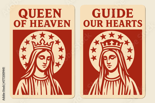 Regal Heavenly Banners. Queen of Heaven. Two vertical A6 banners with safe margins, centered composition, no elements touching edges, bold, red and beige,