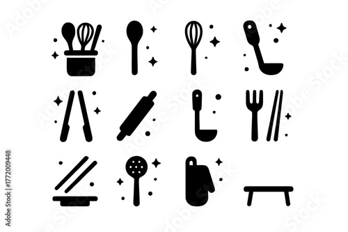 Kitchen Utensil Icons. Kitchen Utensil Holder. Solid icons set of Kitchen Utensil Holder: ceramic jar, wooden spoon, whisk, spatula, tongs, rolling pin, ladle,