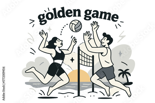 Sunset Volleyball Triumph. Beach Vacation ? Sunset Volleyball. Two figures leap for a clean hit; dotted arc tracks the ball. Banner reads ?golden game? with