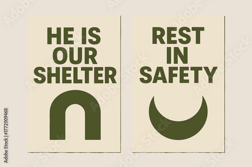 Shelter of Mercy Banners. Shelter of Mercy. Two vertical A6 banners with safe margins, centered composition, no elements touching edges, brutalist, olive green