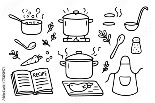 Cooking Pot Doodles. Cooking pots. Hand-drawn doodle illustration cooking pots saucepan, stock pot, soup ladle, steam lines, boiling bubbles, spoon, salt