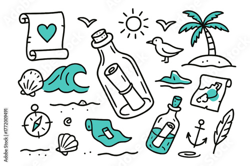 Doodle Message Bottle. // Message in a bottle. Hand-drawn doodle illustration message in a bottle [bottle with note (accented), ocean wave (accented), seagull,