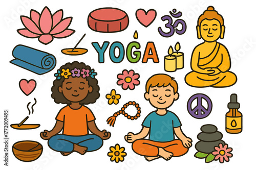 Colorful Yoga Doodle. Yoga and Meditation. Colorful Hand-drawn doodle Children illustration Yoga and Meditation yoga mat, lotus flower, meditation cushion,