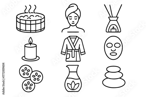 Spa Icons Set. Spa and Wellness. Line icon set of Spa and Wellness: jacuzzi, hot tub bubbles, towel wrap, aroma diffuser, candle, bathrobe, slippers, face