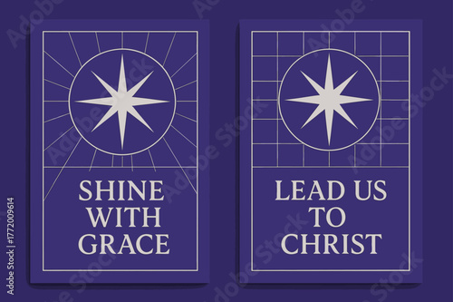 Geometric Morning Banners. Morning Star. Two vertical A6 banners with safe margins, centered composition, no elements touching edges, geometric, royal purple
