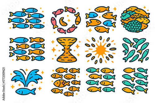 Colorful Schooling Formations. Schooling formations. Colorful isometric vector icons set of Schooling formations: polarized band, milling circle, split school,