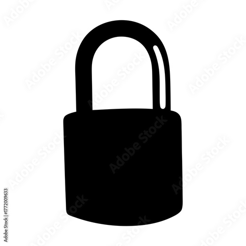 A simple silhouette illustration of a black closed padlock on a white background