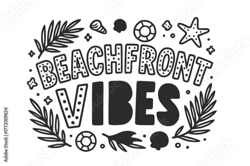 Beachfront Vibes Art. Beachfront Vibes ? playful decorative display lettering; patterned letters (dots/stripes/stars), gently arched word-shape; framed with