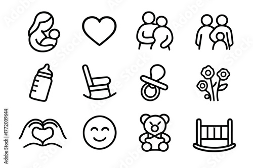Motherly Affection Icons. Motherly affection. Line icon set of motherly affection: mother holding baby, heart, hug, family, baby bottle, rocking chair,
