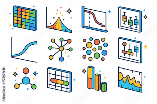 Colorful Biology Charts. Biology data charts. Colorful isometric vector icons set of Biology data charts: gene expression heatmap, volcano plot, Manhattan