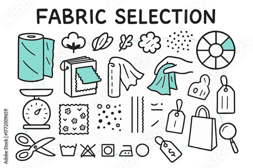 Fabric Selection Icons. // Fabric selection. Hand-drawn doodle illustration fabric selection [bolt of fabric (accented), swatch book (accented), fiber icons,