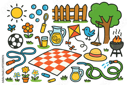 Backyard Playtime Fun. Backyard playtime. Colorful Hand-drawn doodle Children illustration Backyard playtime picnic blanket, soccer ball, bubbles wand, jump