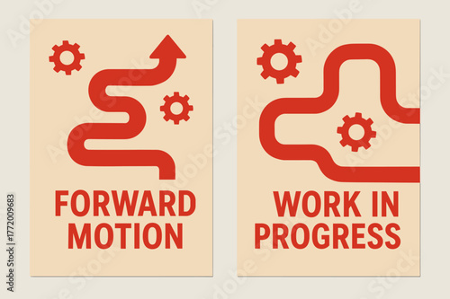 Progress Banners Design. Forward motion. Two vertical A6 banners with safe margins, centered composition, no elements touching edges, flat vector design, red