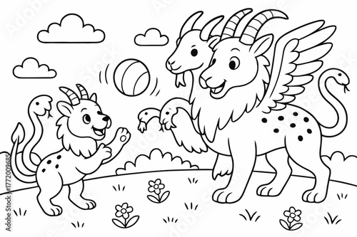 Chimera Playtime. Mythical creature family children?s coloring book illustration, outlined drawing, a chimera parent and a baby chimera playing with a bouncing