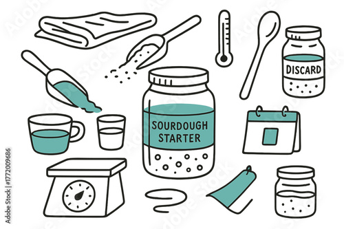 Sourdough Starter Essentials. // Sourdough starter. Hand-drawn doodle illustration Sourdough starter [glass jar (accented), rubber band, starter bubbles