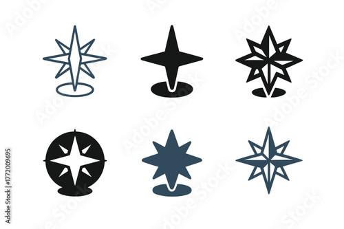North Pole Logo Variations. Pole. Set Logo of Pole: North Pole compass star. Icon set. harmonious logo variations of the same emblematic concept, each with