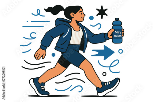 Sporty-Chic Energy. Sporty-chic walk. Lightweight zip hoodie over ribbed tank, bike shorts and sleek trainers; water bottle with ?May miles? label. Motion