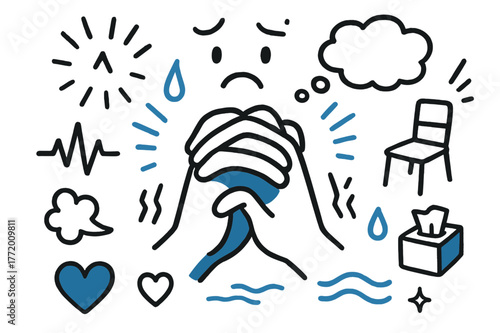 Worried Hands Doodle. // Hands clasped in worry. Hand-drawn doodle illustration Hands clasped in worry [two hands clasped together (accented), furrowed