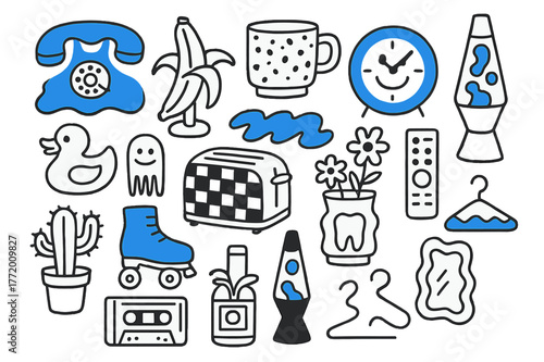 Quirky Kitsch Doodles. // Kitsch household objects. Hand-drawn doodle illustration kitsch household objects [wavy telephone (accented), banana lamp (accented),