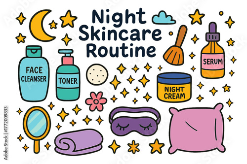 Night Skincare Essentials. Night Skincare Routine. Colorful Hand-drawn doodle Children illustration Night Skincare Routine face cleanser, toner bottle, serum