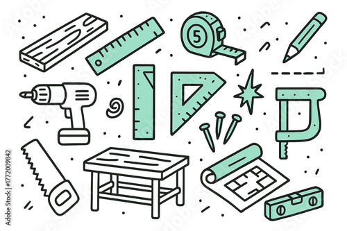Carpentry Toolkit Doodle. // Carpentry measuring. Hand-drawn doodle illustration Carpentry measuring [wood plank, ruler (accented), tape measure (accented),