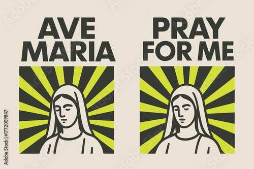 Ave Maria Banners. Ave Maria. Two vertical A6 banners with safe margins, centered composition, no elements touching edges, bauhaus, charcoal and neon yellow,