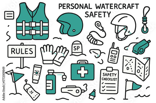 Watercraft Safety Essentials. // Personal watercraft safety. Hand-drawn doodle illustration Personal watercraft safety [PFD vest (accented), helmet (accented),