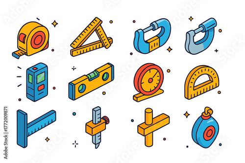 Colorful Measuring Tools Icons. Measuring tools. Colorful isometric vector icons set of Measuring tools: tape measure, folding rule, caliper, micrometer, laser