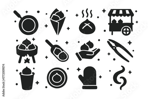 Roasted Chestnut Icons. Roasted Chestnuts. Solid icons set of Roasted Chestnuts: chestnut pan, chestnut cone bag, steaming chestnut, street cart, charcoal