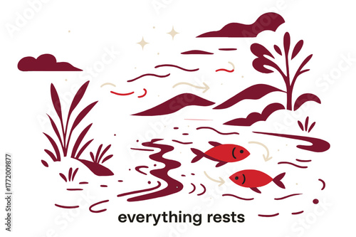 Moonlit River Reflections. River Ecosystem ? Night Reflections. Moonlight glides across a quiet current; fish shadows and starlit ripples merge. Caption