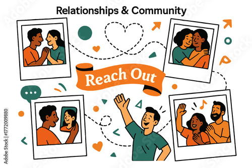 Connected Moments Vision Board. Vision Board ? Relationships & Community. Polaroids show shared moments; dotted heart lines connect photos in a loop. Caption