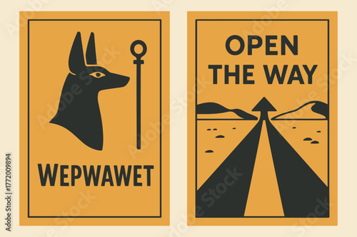 Opener Of The Ways. Opener of the Ways. Two vertical A6 banners with safe margins, centered composition, no elements touching edges, flat vector design, ochre