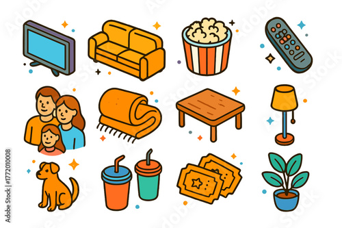 Family Movie Night Icons. Family movie evening. Colorful isometric vector icons set of family movie evening: TV, sofa, popcorn bowl, remote, family members,