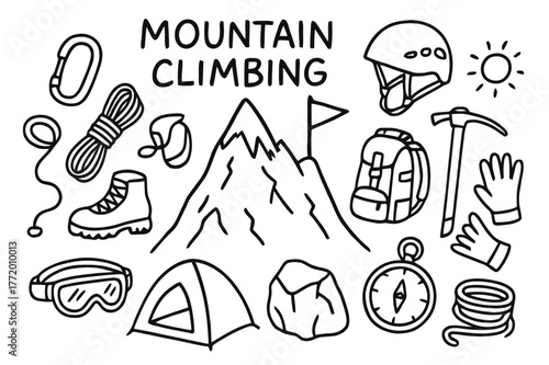 Mountain Climbing Gear. Mountain climbing. Hand-drawn doodle illustration Mountain climbing peak, rope, carabiner, boots, helmet, backpack, flag, ice axe,
