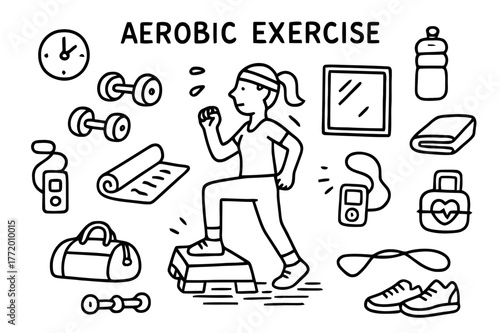 Aerobic Exercise Essentials. Aerobic Exercise. Hand-drawn doodle illustration Aerobic Exercise person stepping on platform, dumbbells, yoga mat, sneakers,