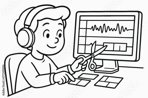 Kids' Audio Editing. Music editing children?s coloring book illustration, outlined drawing, a computer screen showing simple sound waves and a producer cutting