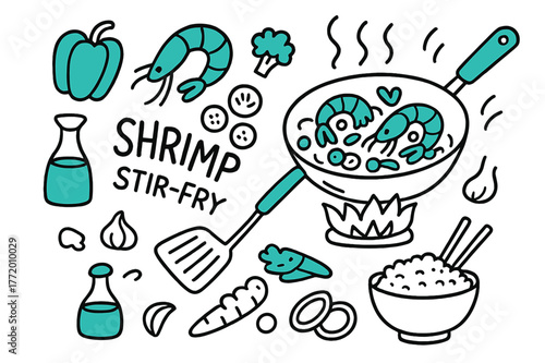 Shrimp Stir-Fry Doodle. // Shrimp stir-fry. Hand-drawn doodle illustration Shrimp stir-fry [shrimp (accented), wok pan (accented), spatula (accented), bell
