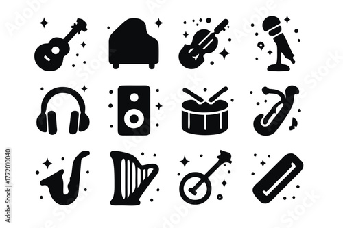 Black Music Icons. Music. Solid icons set of Music: guitar, piano, violin, microphone, headphones, speaker, drum, trumpet, saxophone, harp, banjo, harmonica.