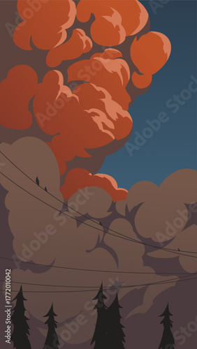 Vector illustration of sunset sky over trees with power lines