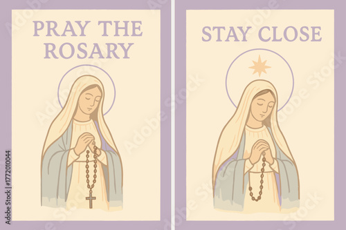 Rosary Prayer Banners. Our Lady of the Rosary. Two vertical A6 banners with safe margins, centered composition, no elements touching edges, pastel, lavender