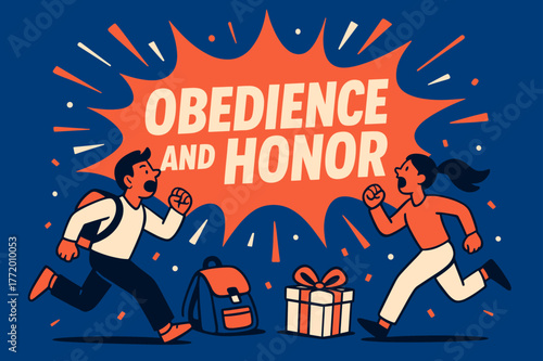 Obedience and Honor Banner. Obedience and Honor banner, flat vector illustration, bold oversized text inside splash explosion banner, cartoon characters