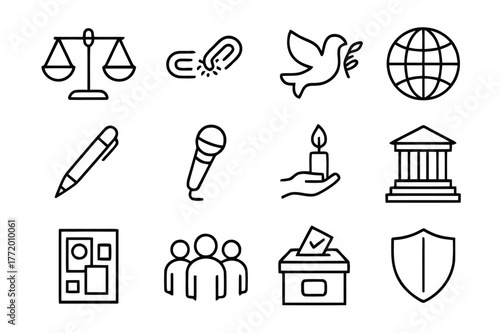 Human Rights Icon Set. Human rights through art. Line icon set of human rights through art: scales, broken chain, dove, globe, pen, microphone, candlelight
