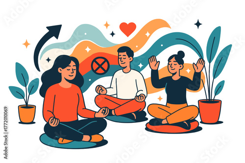 Office Meditation Corner. Digital detox for employees. Meditation corner in office with plants and cushions with abstract floating waves, icons, and sparkles;