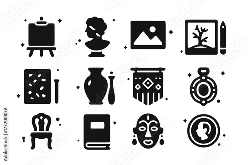 Art Icons Grid. Art categories. Solid icons set of Art categories: painting canvas, sculpture bust, photograph print, drawing sketch, printmaking plate,