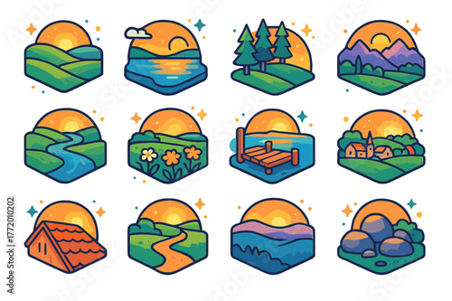 Dawn Landscape Icons. dawn landscapes. Colorful isometric vector icons set of dawn landscapes: rolling hills, calm lake, pine trees, mountain ridge, winding