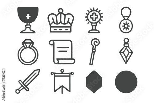 Medieval Artifact Icons. Medieval artifacts. Line icon set of medieval artifacts: chalice, crown, relic, amulet, ring, scroll, staff, pendant, sword, banner,